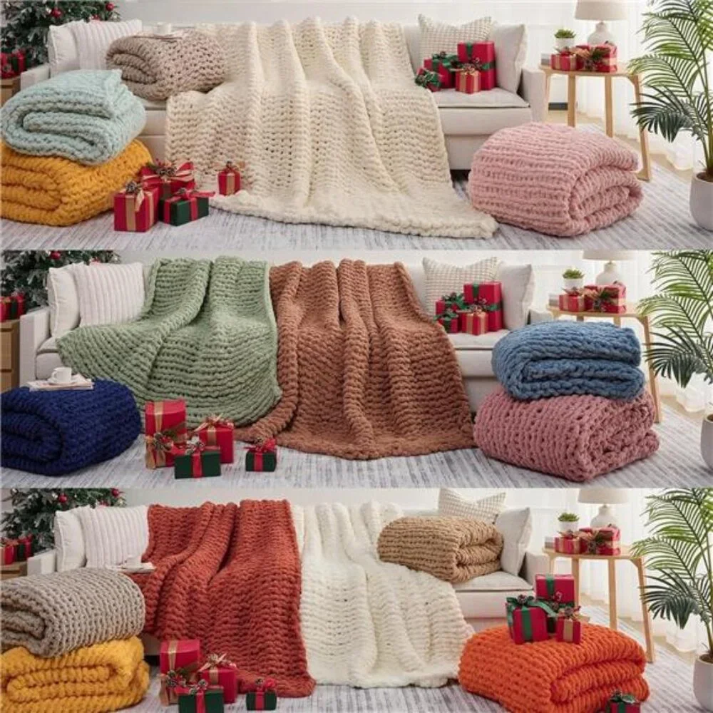 Chunky Knit Blanket Throw,Soft Chenille Yarn Throw 50x60，Handmade